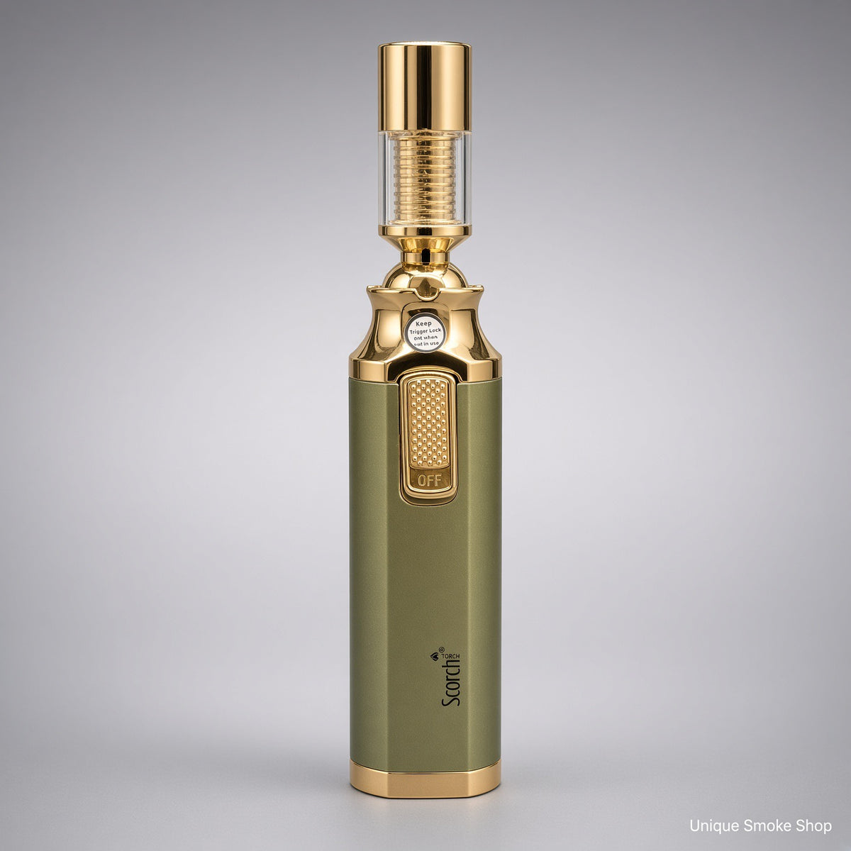 Olive green Scorch adjustable swivel head torch lighter, front view
