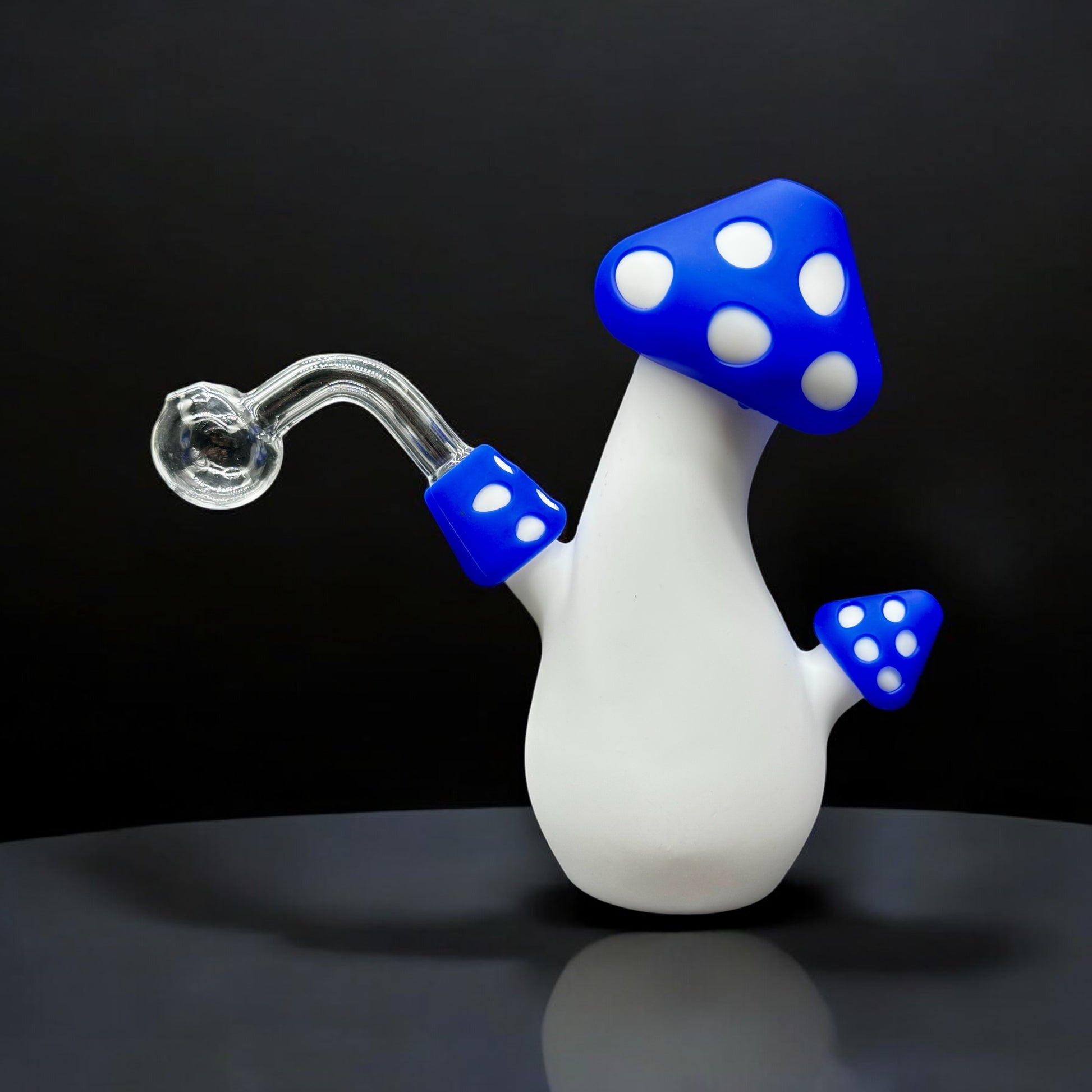 Blue Mushroom Pipe – Blue and white mushroom-shaped silicone oil burner pipe with 14mm glass slide