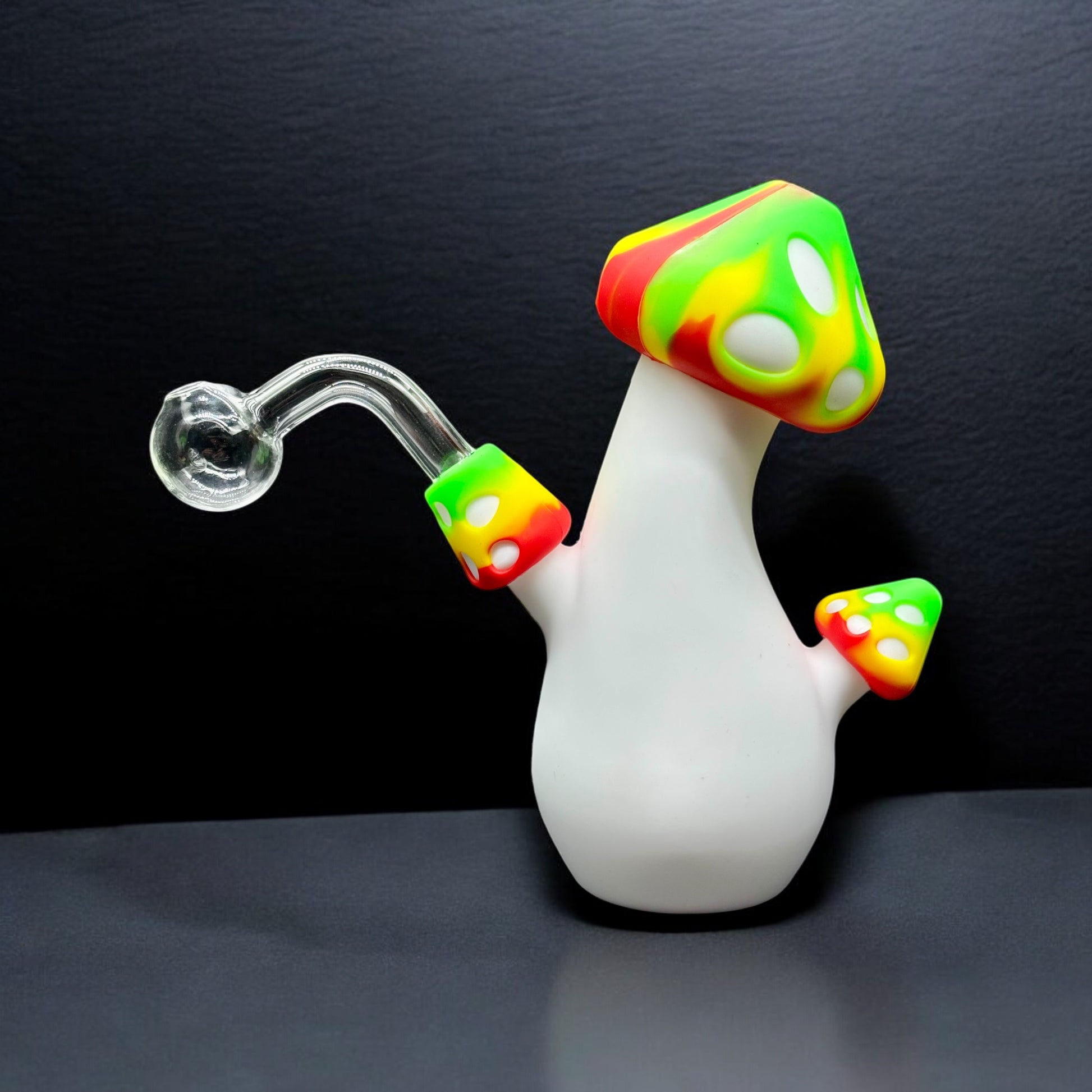 Rasta-colored silicone mushroom pipe with curved glass bowl